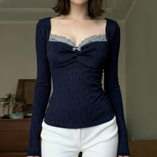 lace 纯欲蕾丝拼接针织衫 patchwork shirt法式 T恤上衣女 French