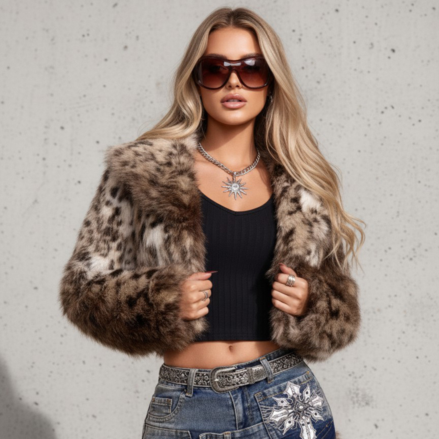 Leopard print faux fur coat 时髦野性豹纹仿皮毛翻领外套上衣女