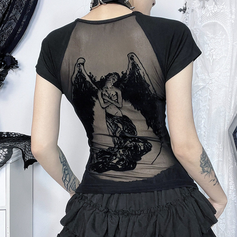 Open back printed T-shirt for women 暗黑风露背印花T恤女短袖