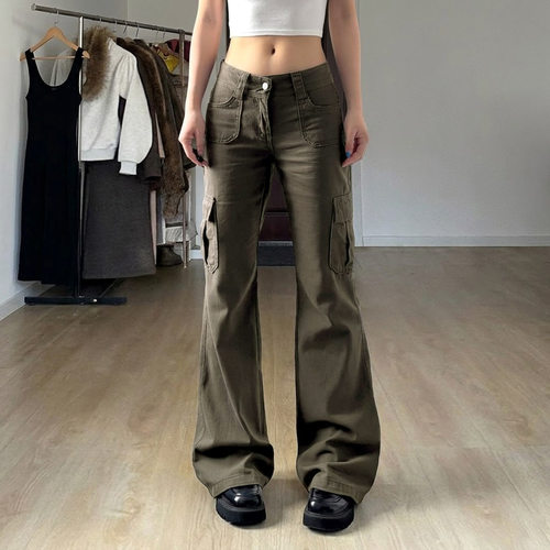 Spicy girl micro flared jeans 美式口袋低腰工装牛仔裤女微喇裤