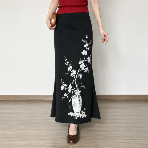 Straight tube long skirt for women新中式印花开叉半身裙女长裙