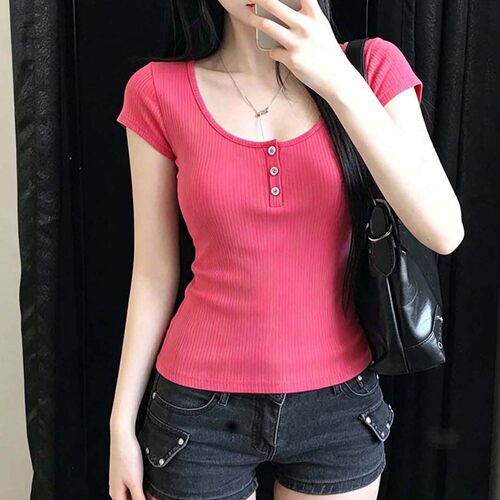 Korean Sweet Girl Knitted T-shirt韩系甜美风针织短袖T恤女上衣
