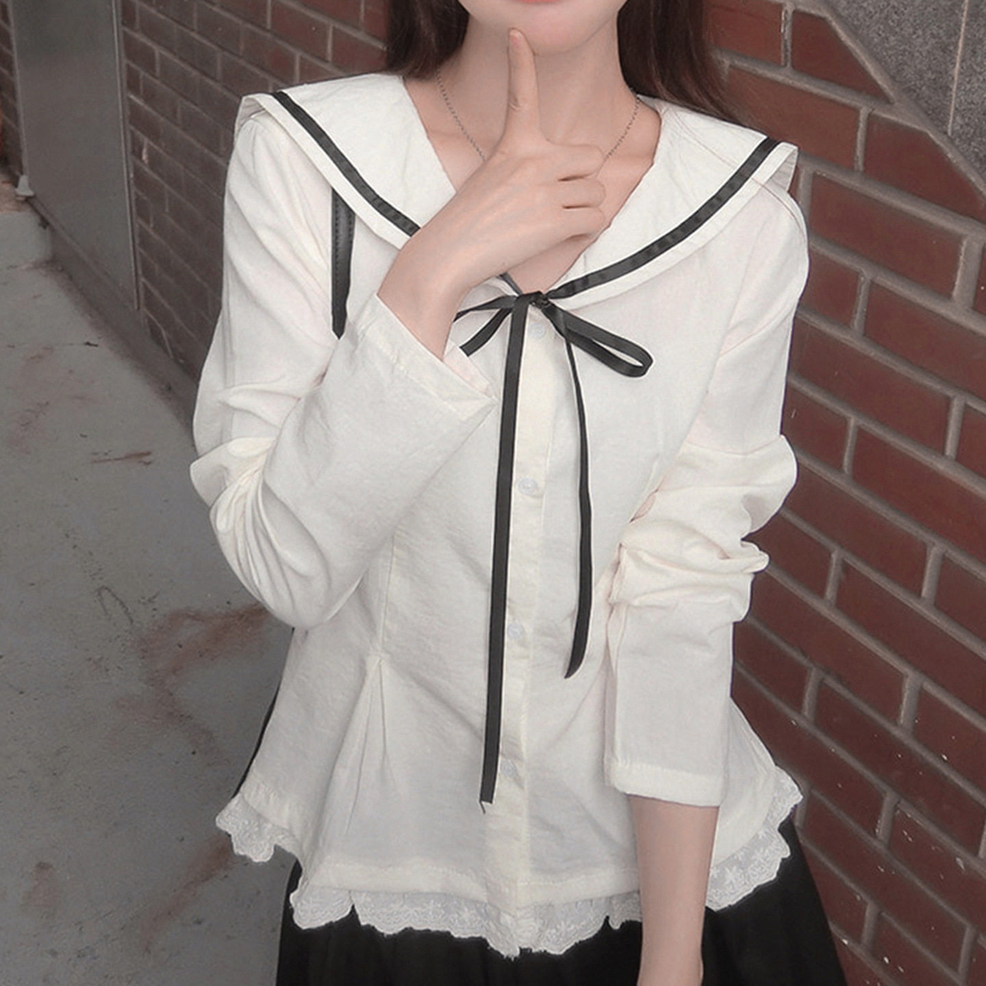 Sexy women's outf 学院风甜美海军领修身蝴蝶结长袖衬衫女上衣