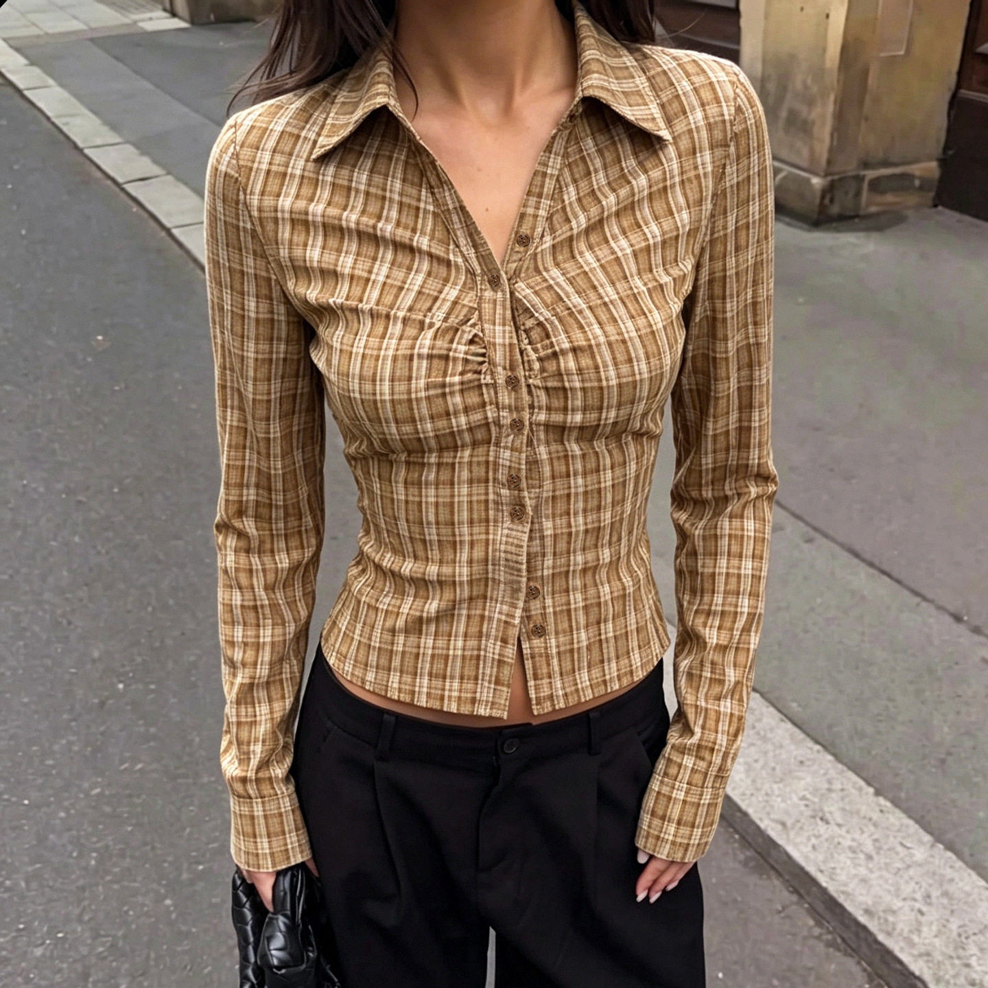 Sexy women's outf 复古翻领排扣开衫上衣百搭绑带收腰格子衬衫女