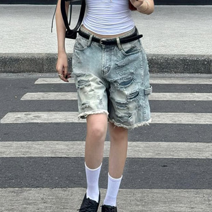 Ripped denim shorts for women 洗水破洞毛边显瘦五分牛仔短裤女
