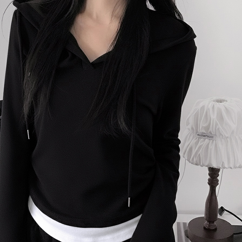 Women's casual hooded T-shirt休闲舒适风连帽针织T恤女长袖上衣