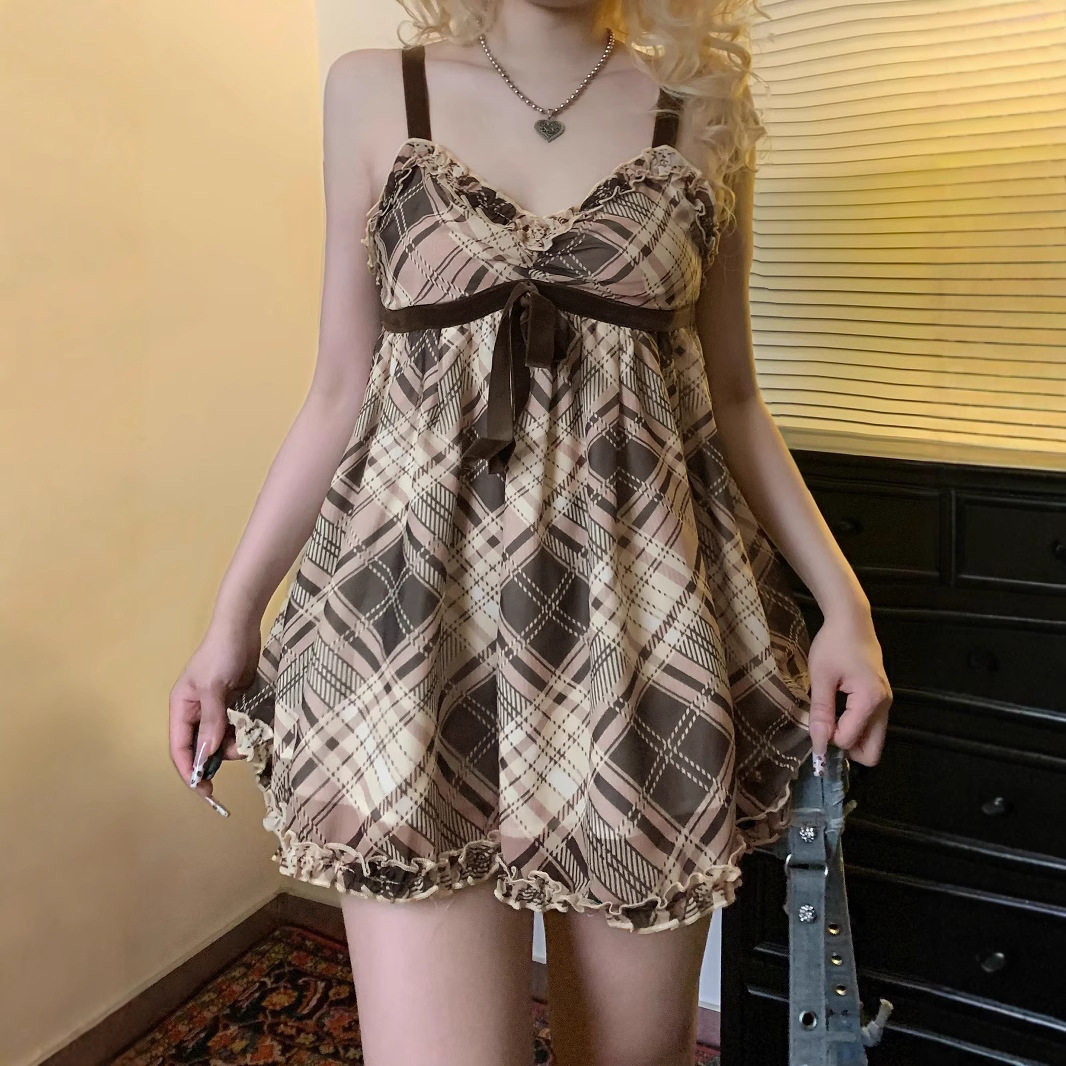 Checkered vest lace dress 格子蝴蝶结系带背心胸型花边连衣裙女