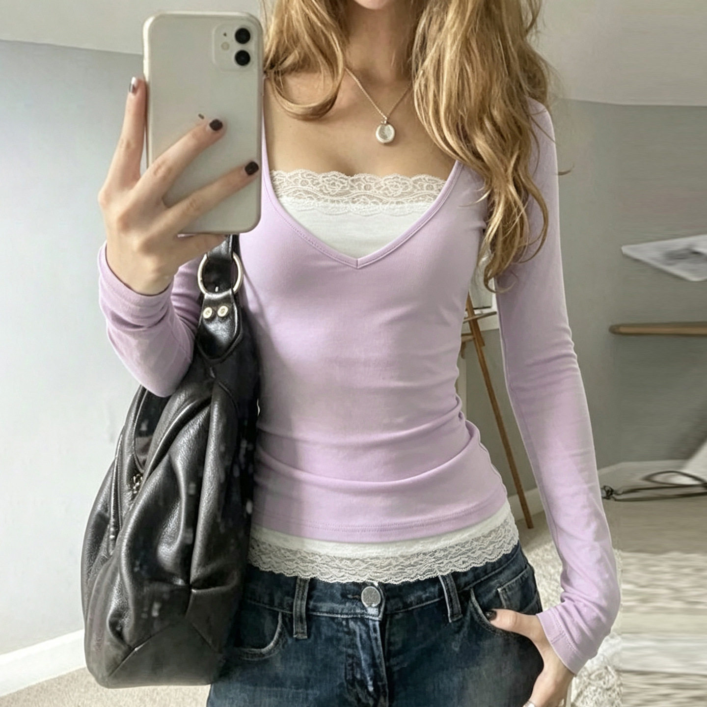 Sexy women's outf  纯欲蕾丝拼接假两件长袖T恤甜美修身百搭上衣