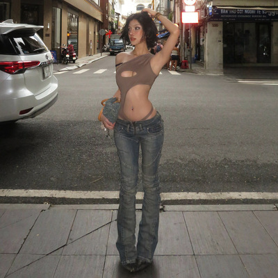 Female Personalized Splicing Jeans辣妹低腰显瘦个性分割牛仔裤