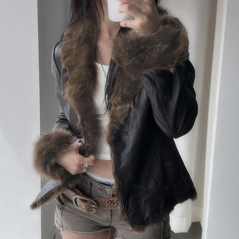 Fur collar spliced leather jacket 毛领拼接皮衣外套辣妹夹克衫