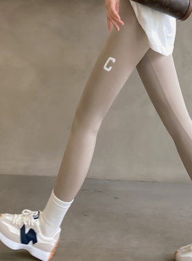 鲨鱼皮打底裤外穿女春夏季薄款灰色字母高腰瘦腿强压高弹瑜伽裤子