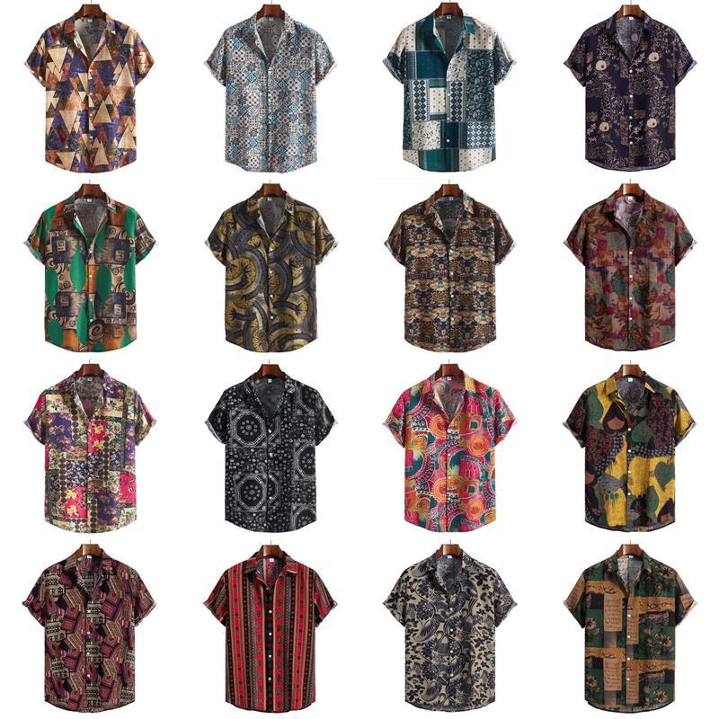 2024跨境外贸男士新款民族风亚麻短袖衬衫