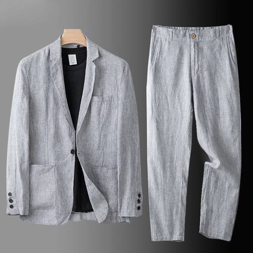 亚西装套装男夏西服男款宽松上衣外套棉西服夏天麻休闲