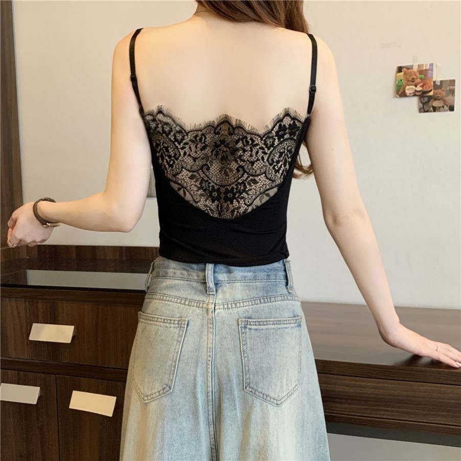 露背蕾丝吊带背心女内搭带胸垫文胸一体夏季美背外穿辣妹上衣大码
