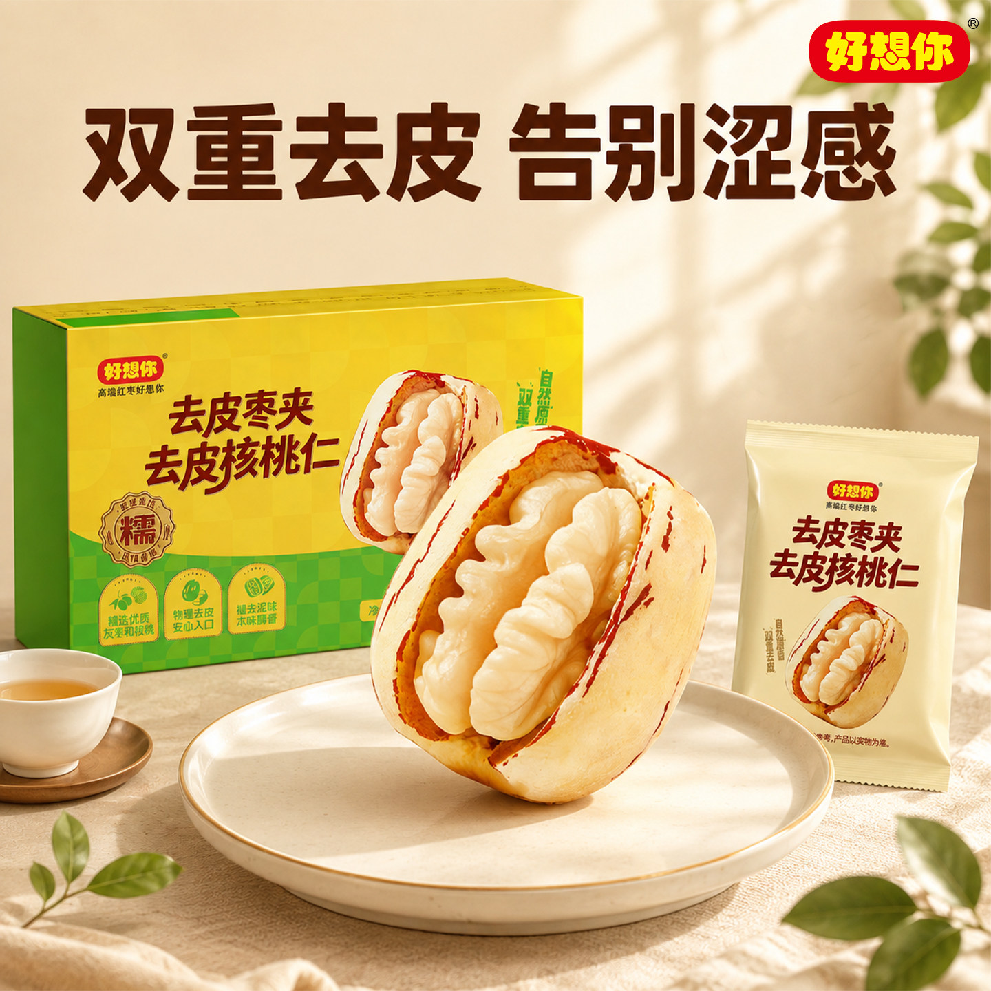 好想你去皮枣夹去皮核桃仁138g盒装物理去皮独立小包装红枣零食