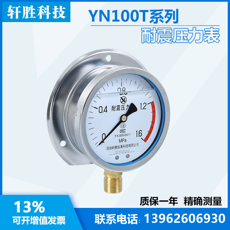 YN100T 1.6MPa 径向带后边 耐震压力表 抗震船用压力表  苏州轩胜