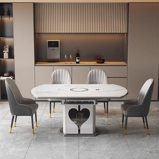 新款 岩板餐桌椅家用智能语音暖菜板带转盘电磁炉高端伸缩折叠圆桌