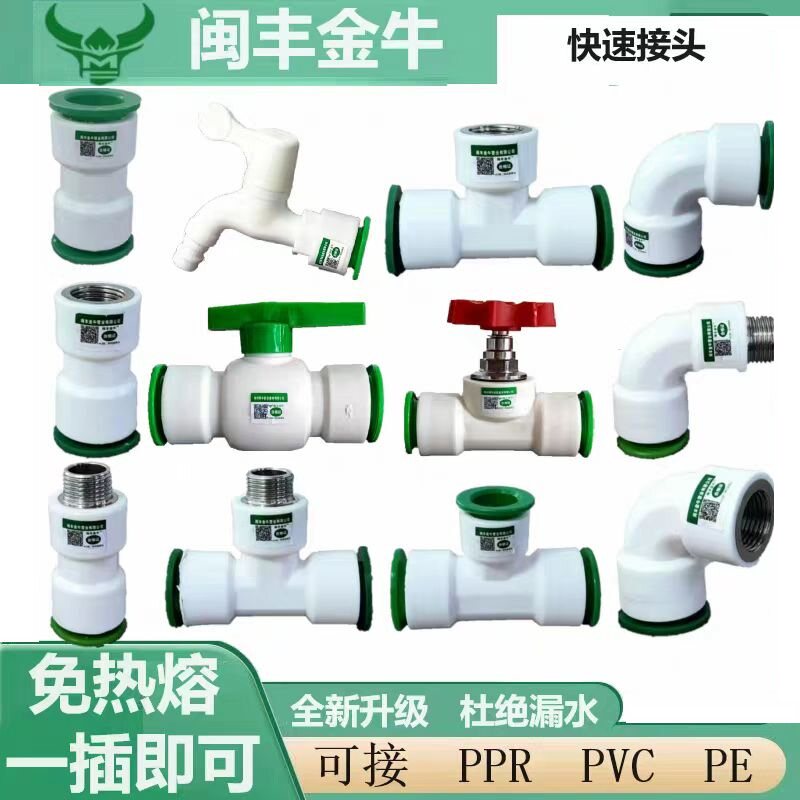 免热熔快速接头4分管6分1寸直插接头PPR水管pvc快接管件内牙接头