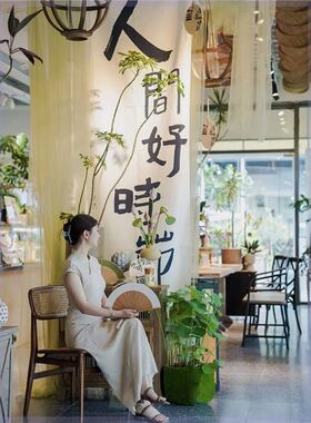 水墨画半透纱挂布新中式国风书法荷花布景民宿小院背景装饰品纱幔