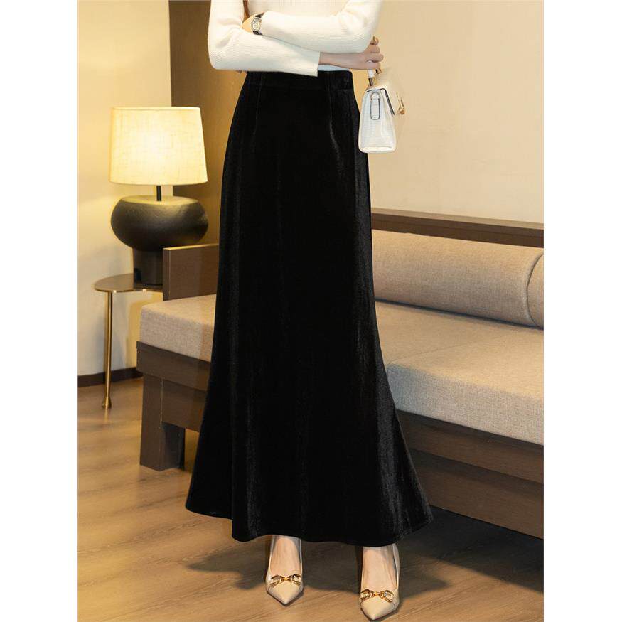 A字鱼尾裙女2025新款秋冬超长款高端精致梨型遮胯金丝绒半身长裙