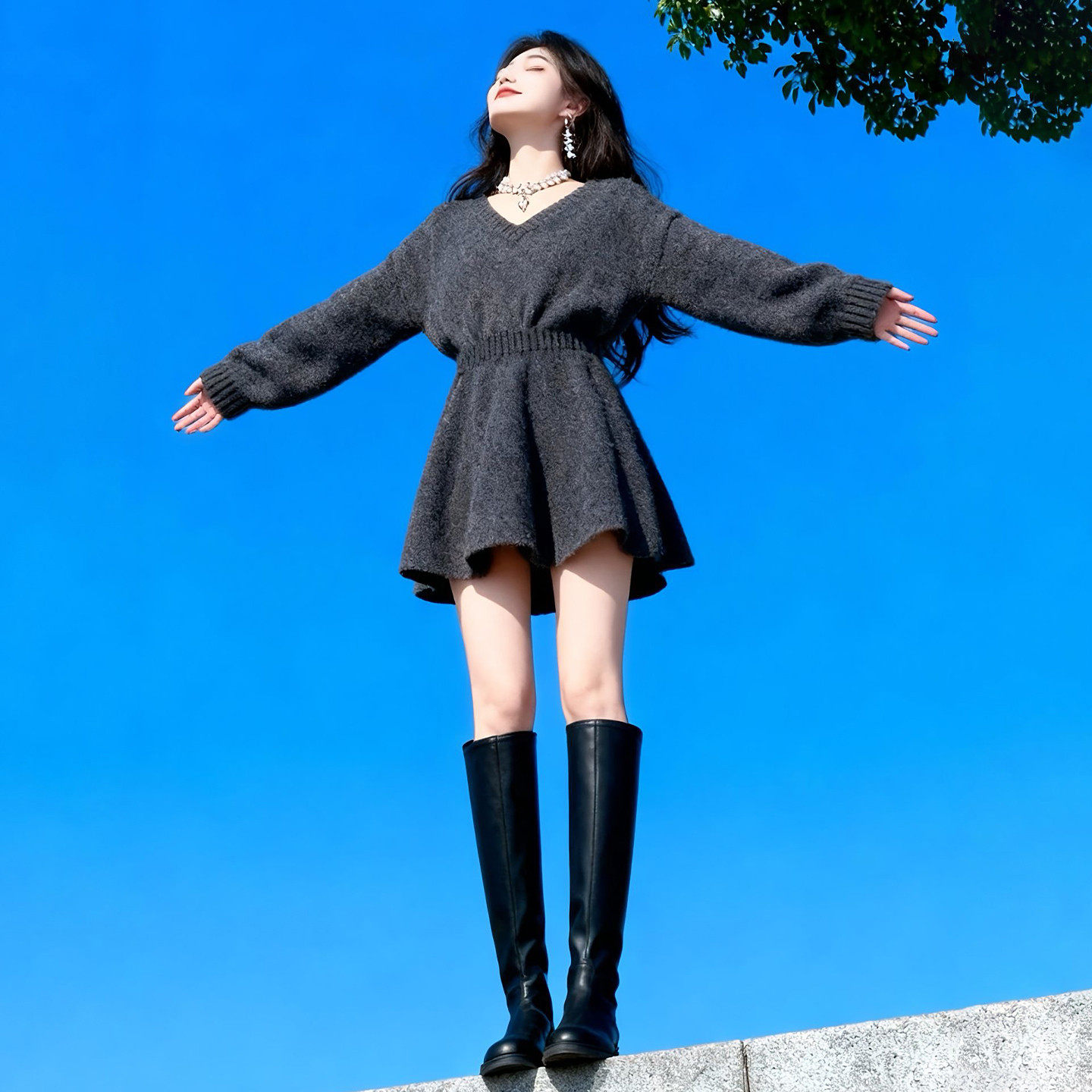 春季穿搭2026新款针织毛衣连衣裙子女冬季收腰内搭打底小个子短裙