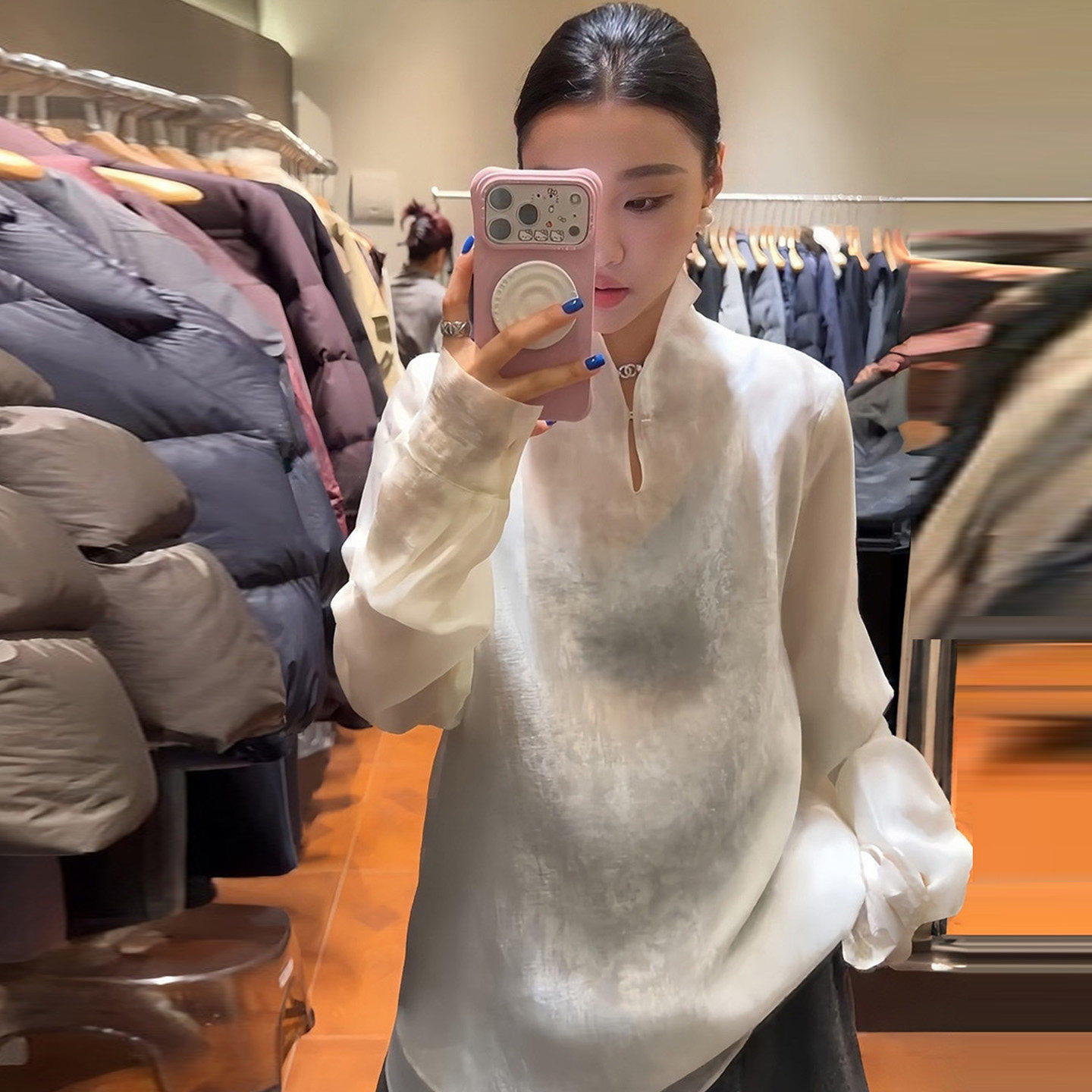 2026春装新中式立领衬衫女长袖通勤白色纯色天丝提花显瘦遮肉上衣