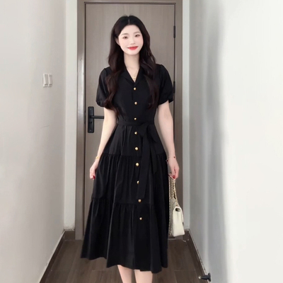 法式赫本风黑色连衣裙子女夏季2025新款独特漂亮掐腰裙高级感长裙
