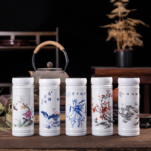 景德镇陶瓷杯双层陶瓷内胆水杯茶杯带盖青花瓷杯礼品定制LOGO印字