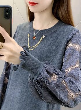 春装新款宽松韩版网纱蕾丝拼接针织衫短款长袖百搭毛衣女外穿上衣