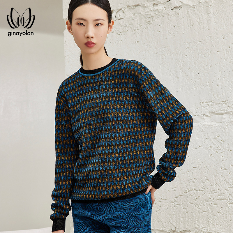 Ginayolan original light luxury womens Retro plaid pattern round neck long sleeve Pullover loose Pullover Sweater