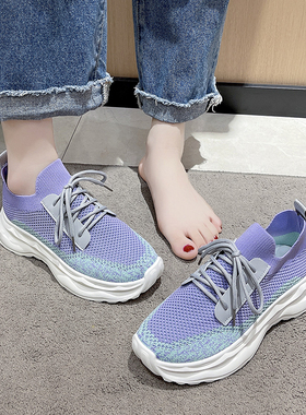 针织透气运动鞋女鞋2025新款春秋款厚底休闲透气跑步鞋老爹袜子鞋