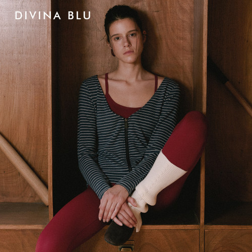 DIVINA BLU迪唯纳波尔图系列双拉链条纹V领瑜伽运动长袖外搭外套