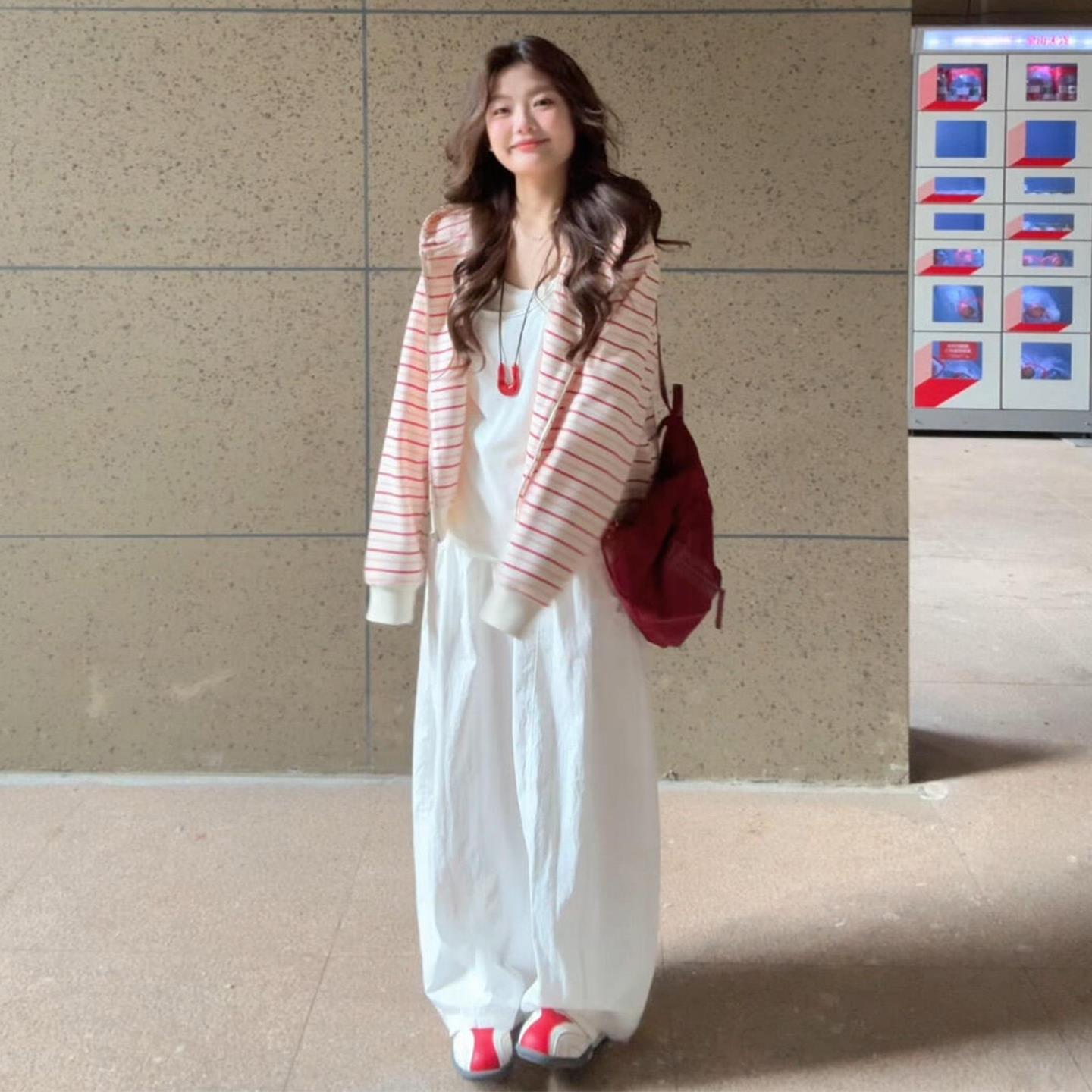 粉色条纹连帽卫衣外套女2025新款爆款秋冬季韩系慵懒宽松开衫上衣