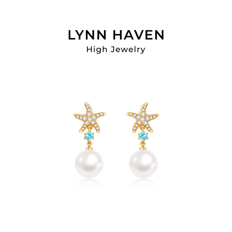 LynnHaven麟玟【精灵】Akoya珍珠耳钉18K金托帕石钻石耳坠耳饰