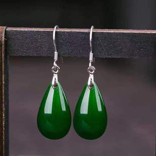 1对 纯银耳环琉璃仿玉石耳坠水滴显瘦脸925耳钉时尚气质国风银针