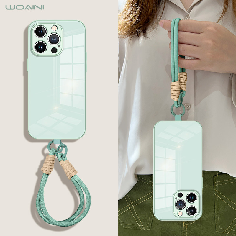 【编织挂绳】适用苹果13pro手机壳iPhone16夏季新款15pm简约小清新14镜面玻璃12promax时尚高级感11软边防摔X