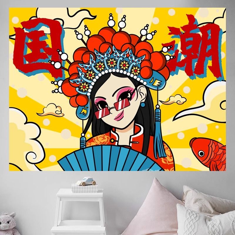 国潮美女布艺挂画京剧戏曲人物挂毯民宿背景布挂布新中式装饰画布图片