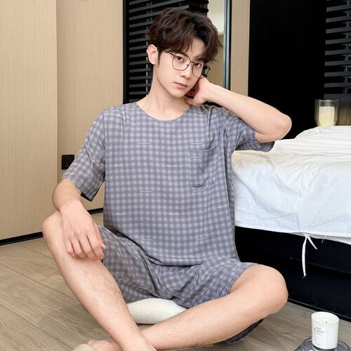 男士睡衣夏季人造棉绸短袖短裤套装绵绸中青年简约套头格子家居服