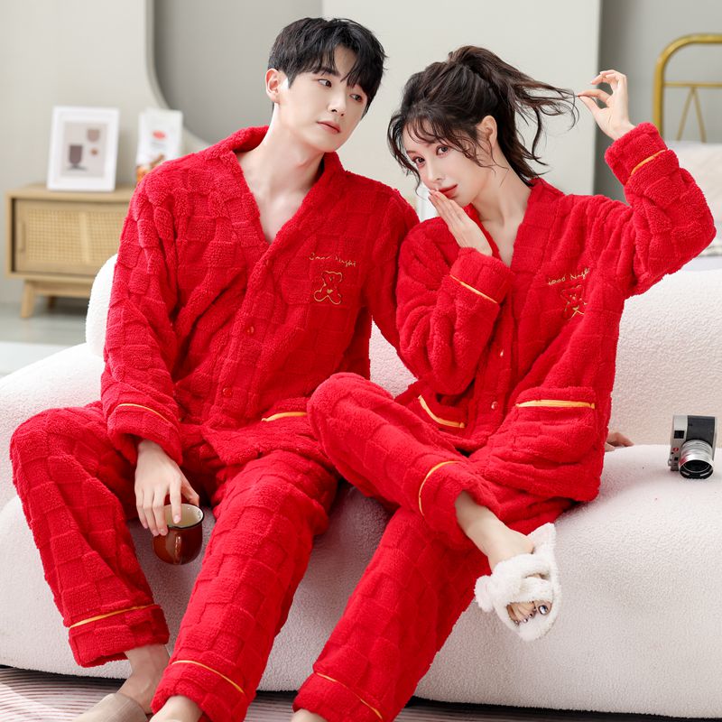 大红珊瑚绒情侣睡衣喜庆结婚套装