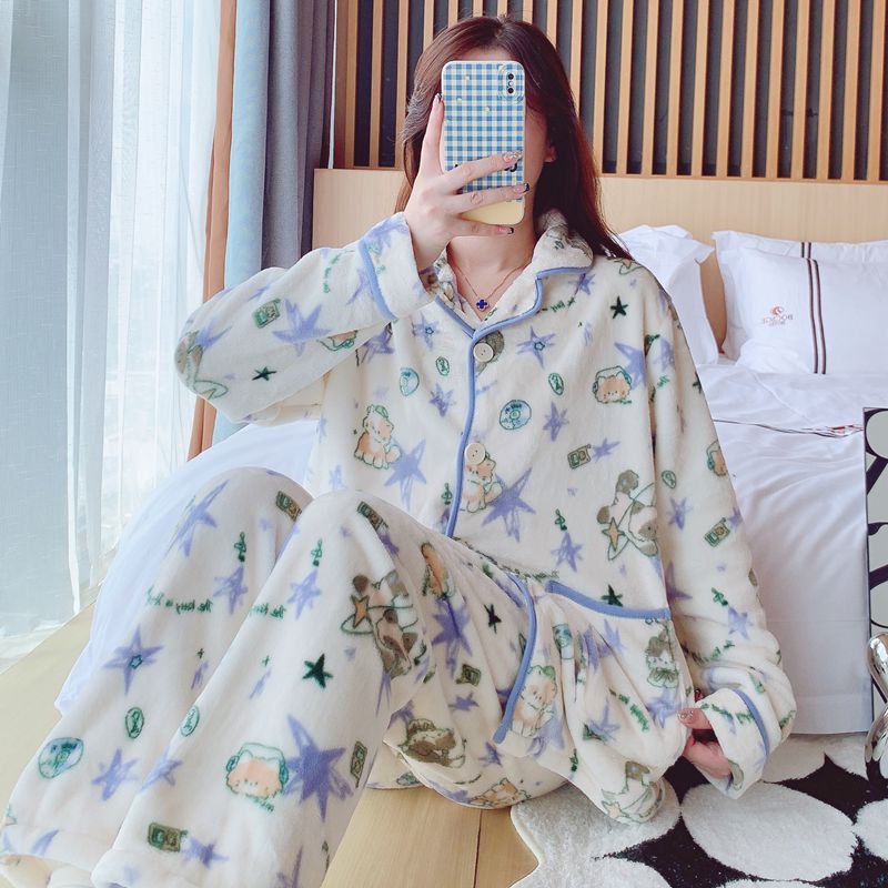 睡衣女冬季珊瑚绒加厚加绒保暖女款秋冬法兰绒大码冬款家居服套装