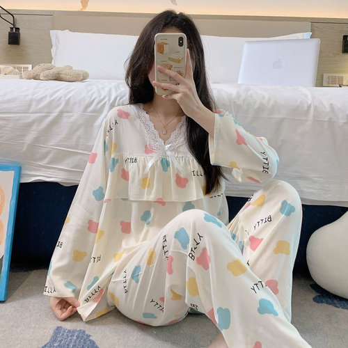 新款防凸点棉绸人造棉睡衣遮胸女士长袖长裤荷叶边甜美家居服套装