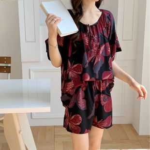 网红风2025年新款 夏季 绵绸睡衣女人造棉绸短袖 宽松夏天家居服套装