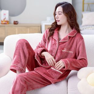 中老年珊瑚绒睡衣女秋冬季 加厚加绒法兰绒中年妈妈保暖家居服套装