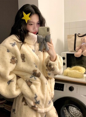 冬款少女小熊珊瑚绒睡衣女加绒加厚冬季大码保暖家居服套装可外穿
