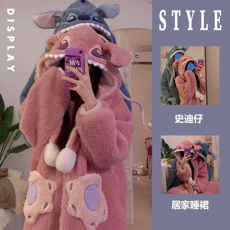 史迪仔情侣睡衣女款秋冬季珊瑚绒加厚加绒男士冬天浴袍睡袍家居服
