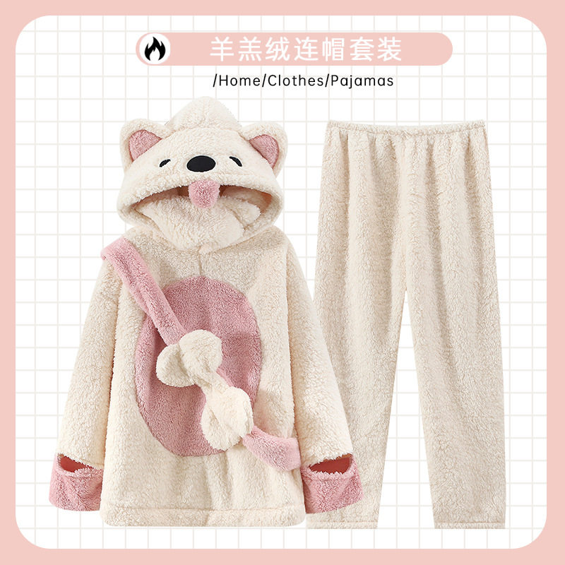 冬季加厚保暖珊瑚绒连帽睡衣女