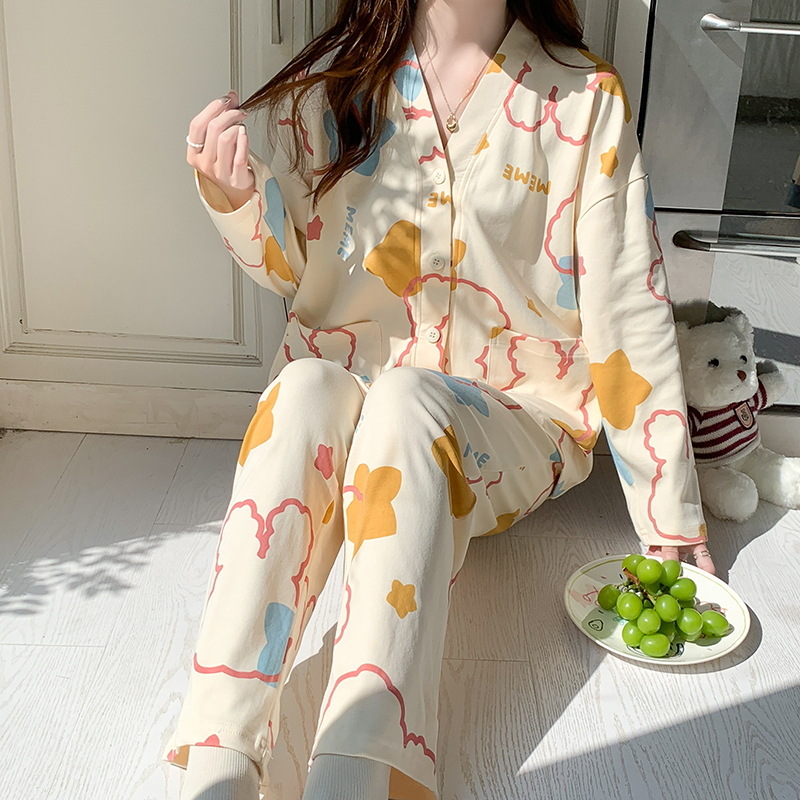 2025年春秋季新款睡衣女棉质长袖开衫V领和服甜美休闲家居服套装