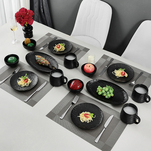 日式牛排餐盘刀叉套装西餐盘牛扒盘意面盘石纹磨砂餐具套装高级感