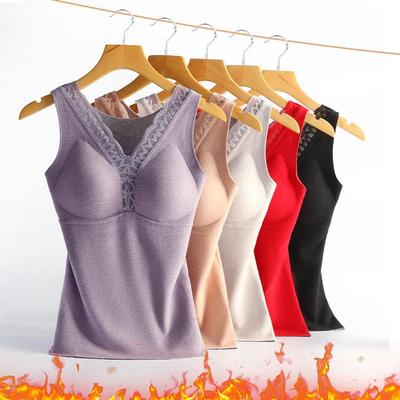 秋冬德绒无痕V领保暖背心女自热蚕丝羊绒内搭外穿带胸垫内衣女