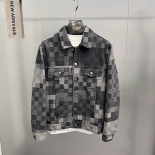 翻领外套 牛仔时尚 B1BJF3402 潮牌夹克欧货棋盘格牛仔夹克男士 男装